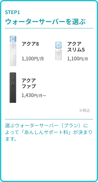 STEP1 ウォーターサーバーを選ぶ。アクアスリム：1,100円/月、アクアスリムS：1,100円/月、アクアファブ：1,430円/月〜（※税込）。選ぶウォーターサーバー（プラン）によって「あんしんサポート料」が決まります。