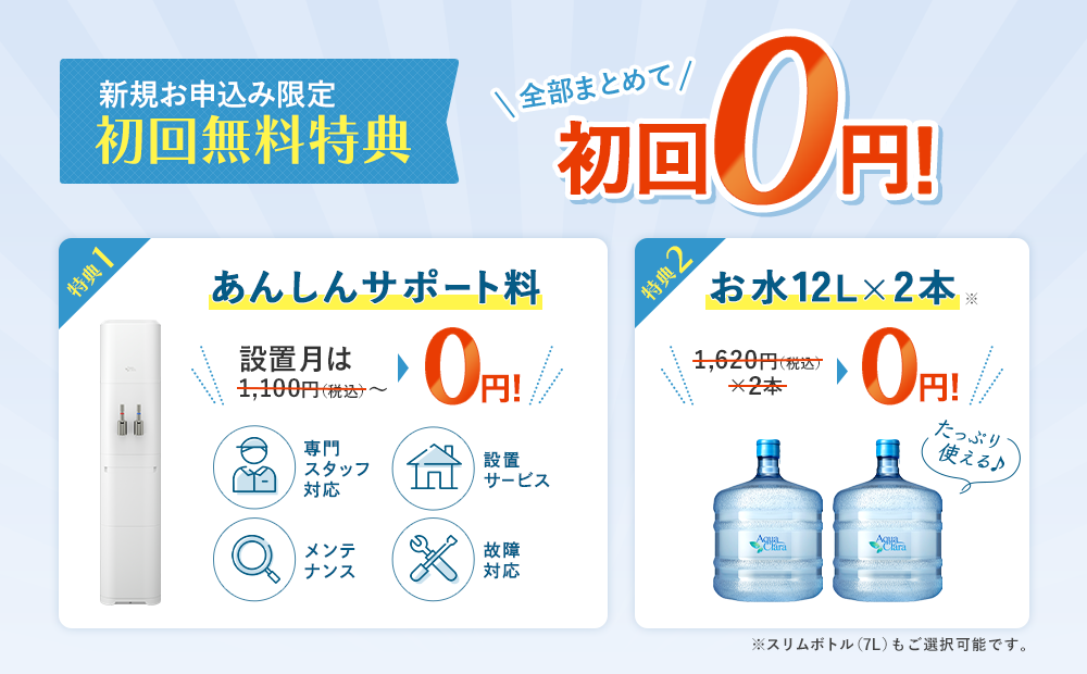 【初回無料特典】新規申込みで「あんしんサポート料」と「12Lボトル2本」が無料！