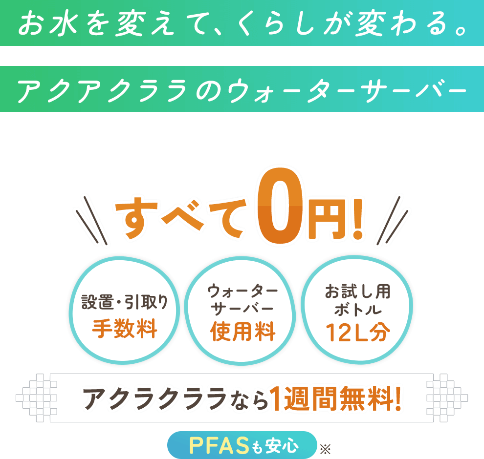 1週間無料でお試しいただけます。「設置・引上げ手数料」「ウォーターサーバー使用料」「お試し用ボトル12L分」すべて無料！