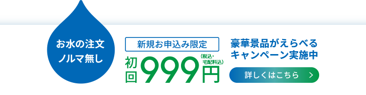 お水の注文ノルマなし 新規のお申し込み限定 初回999円(税込) 豪華プレゼントキャンペーン実施中 詳しくはこちら
