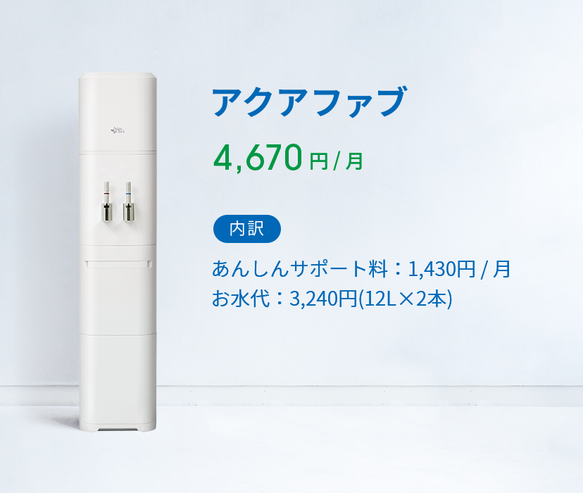 アクアファブ 4,670 円 ( 税込 )  / 月 内訳 あんしんサポート料：1,430円 / 月 お水代：2,808円(12L×2本)