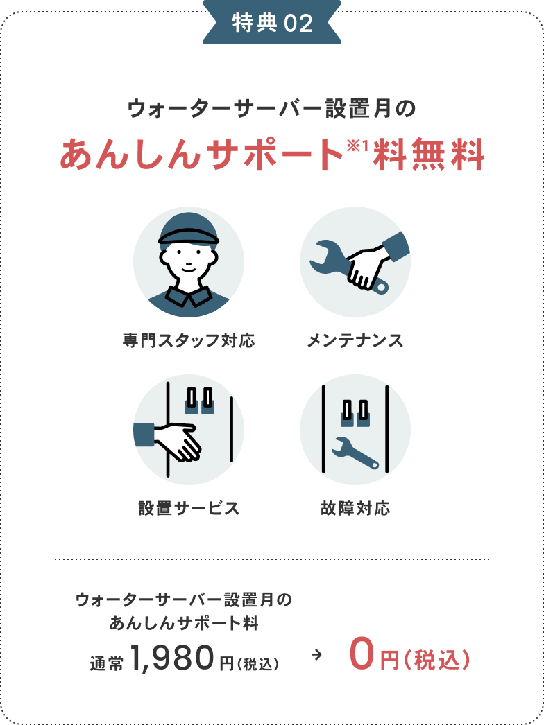 特典 02 ウォーターサーバー設置月のあんしんサポート※1料無料