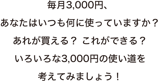 毎月3,000円、あなたはいつも何に使っていますか？あれが買える？これができる？いろいろな3,000円の使い道を考えてみましょう！