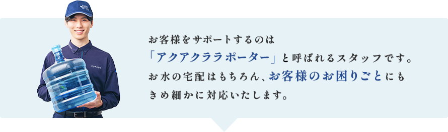 お客様をサポートするのはアクアクララポーターと呼ばれるスタッフです。お水の宅配はもちろん、お客様のお困りごとにもきめ細かに対応いたします。