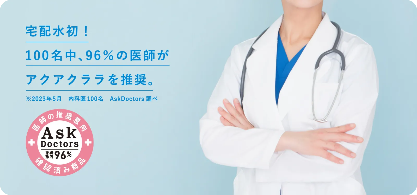 宅配水初！100名中、96％の医師がアクアクララを推奨。