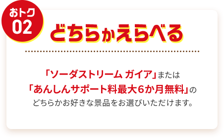 【おトク02】どちらかえらべる 「ソーダストリーム ガイア」または「あんしんサポート料最大６か月無料」のどちらかお好きな景品をお選びいただけます。
